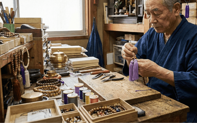 京都の職人による数珠修理の様子